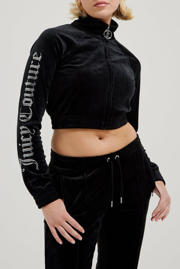 BLACK DIAMANTÉ VELOUR CROPPED TRACK TOP