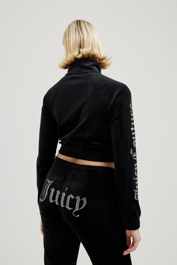 BLACK DIAMANTÉ VELOUR CROPPED TRACK TOP