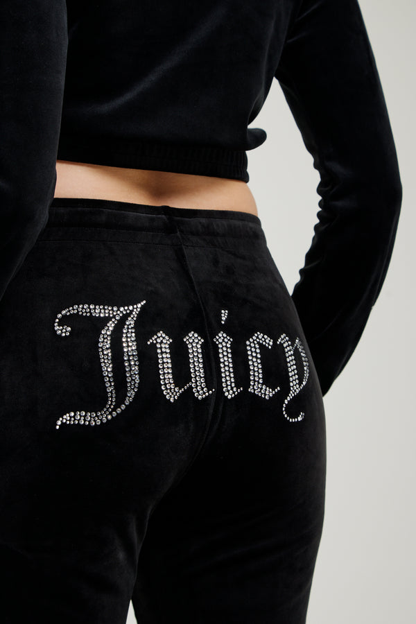 BLACK DIAMANTÉ VELOUR CROPPED TRACK TOP