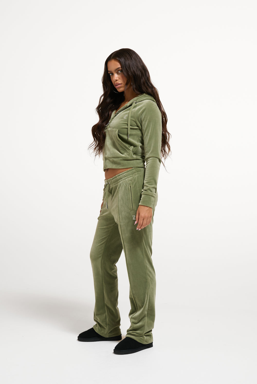 Oil Green Diamanté Velour Zip-Through Hoodie