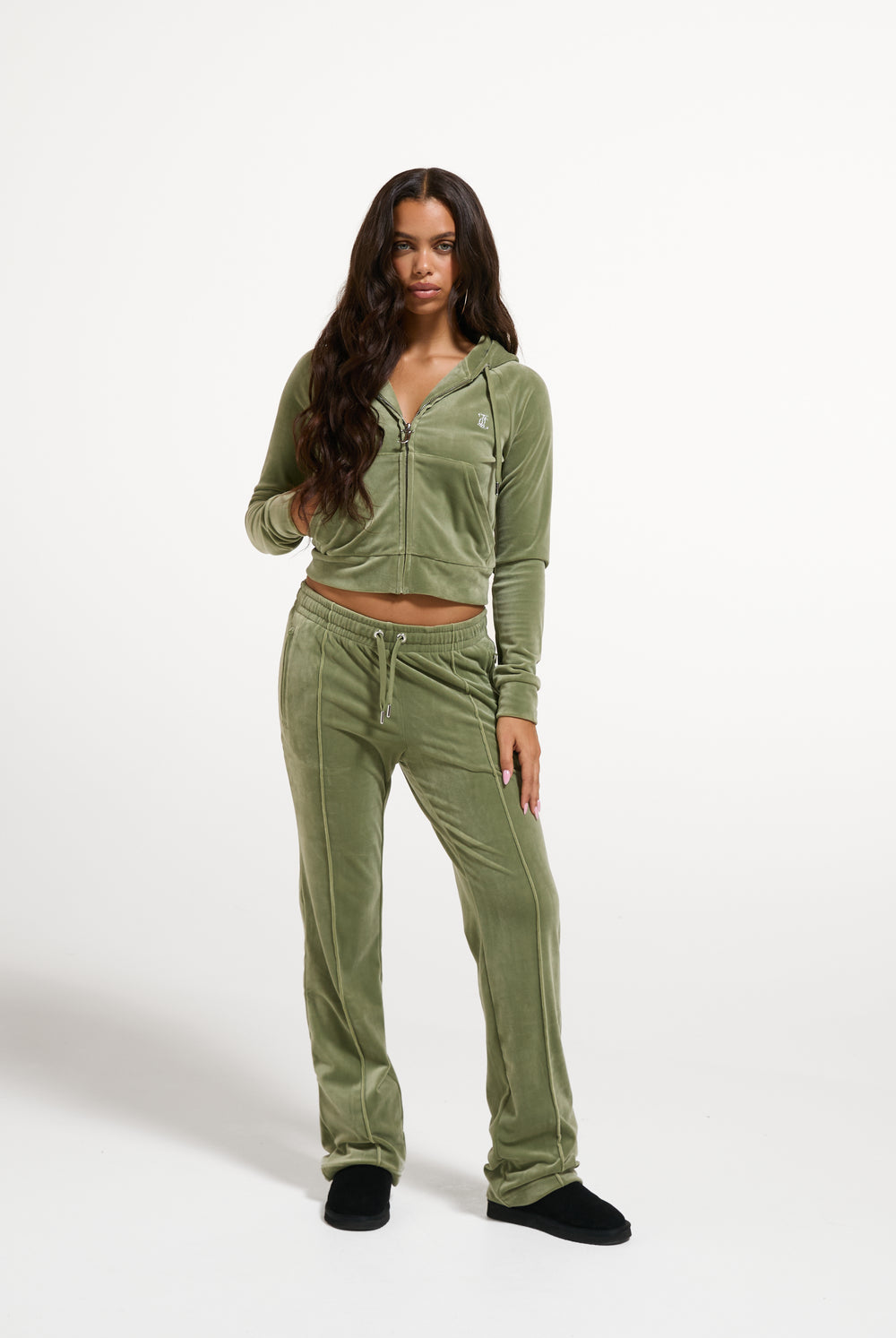 Oil Green Diamanté Velour Zip-Through Hoodie