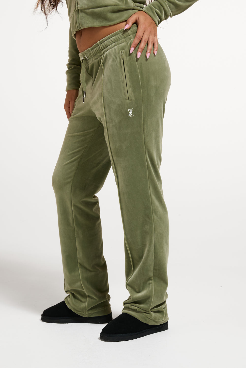 Oil Green Velour Diamanté Tracksuit Bottom