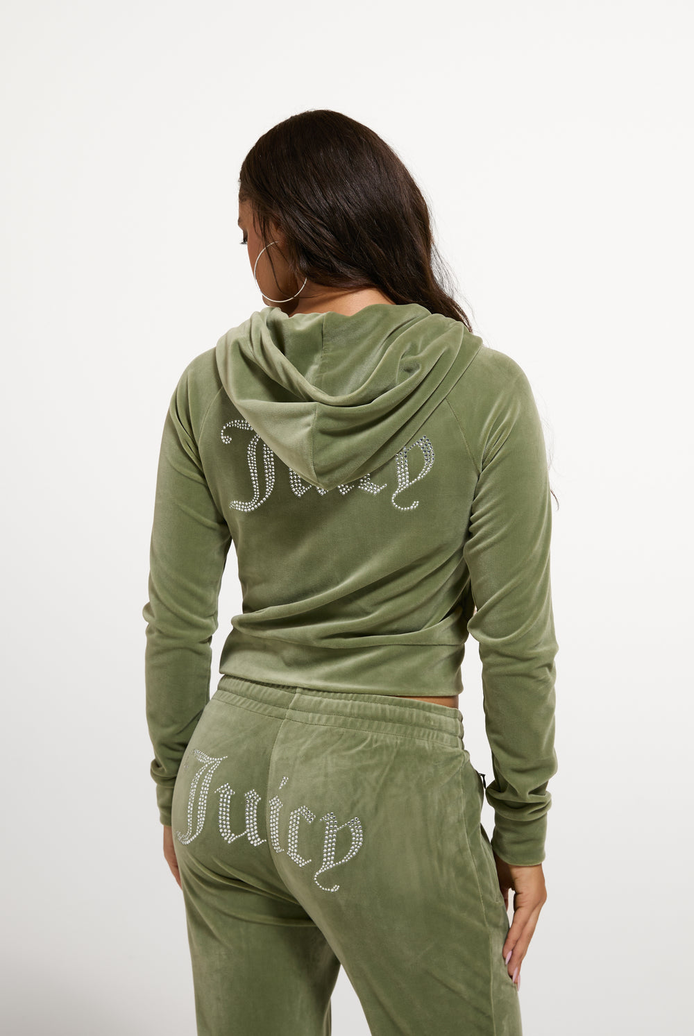 Oil Green Diamanté Velour Zip-Through Hoodie