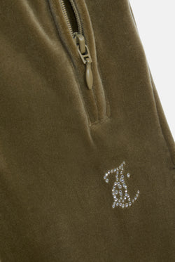 Displays the Dark Olive 'Juicy' branded velour diamanté tracksuit bottom featuring the juicy Couture logo