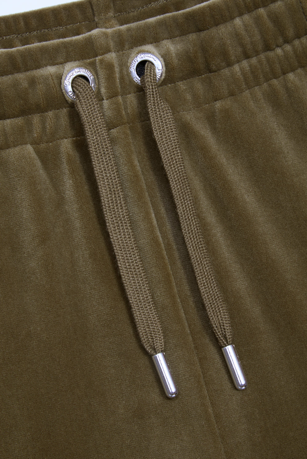 Displays the Dark Olive 'Juicy' branded velour diamanté tracksuit bottom