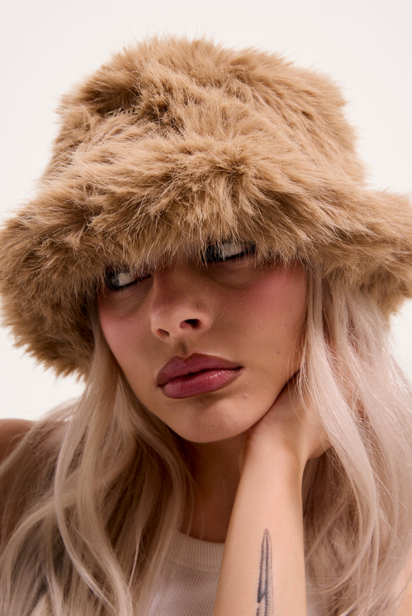 WARM TAUPE FAUX FUR HAT