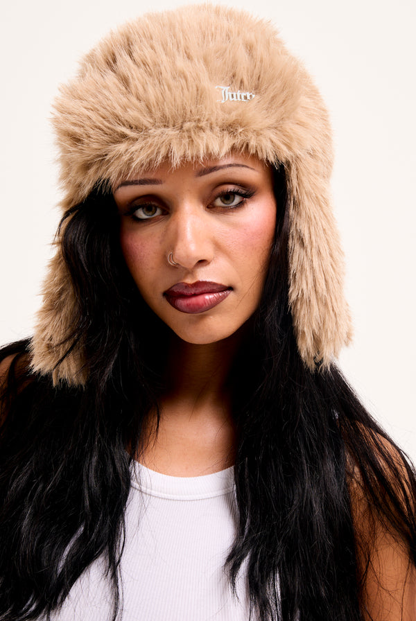 WARM TAUPE FAUX FUR TRAPPER HAT
