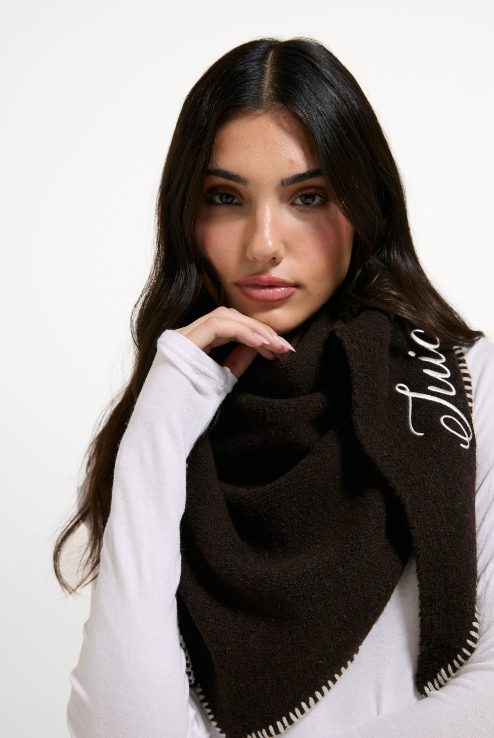 Displays a model wearing the Java 'Juicy' branded Triangle Script Scarf