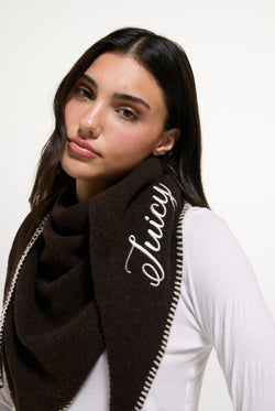 Displays a model wearing the Java 'Juicy' branded Triangle Script Scarf
