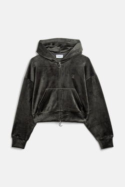 Displays the Raven 'Juicy' branded Velour Bonded Hoodie