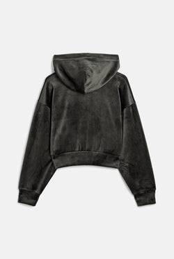 Displays the Raven 'Juicy' branded Velour Bonded Hoodie