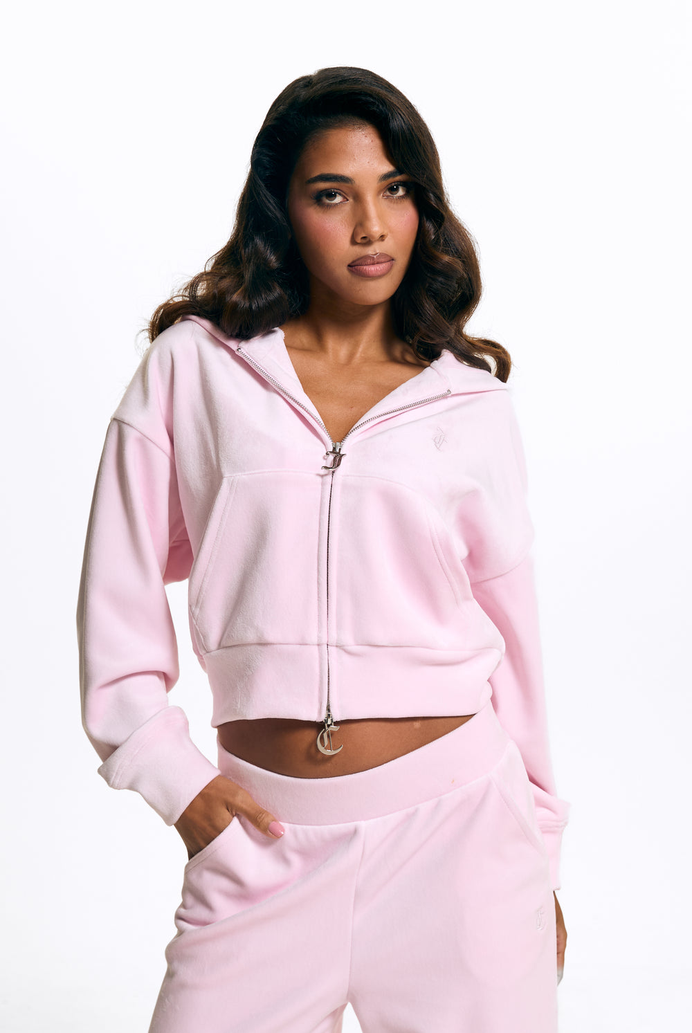 Displays a model wearing the Cherry Blossom 'Juicy' branded Velour Bonded Hoodie