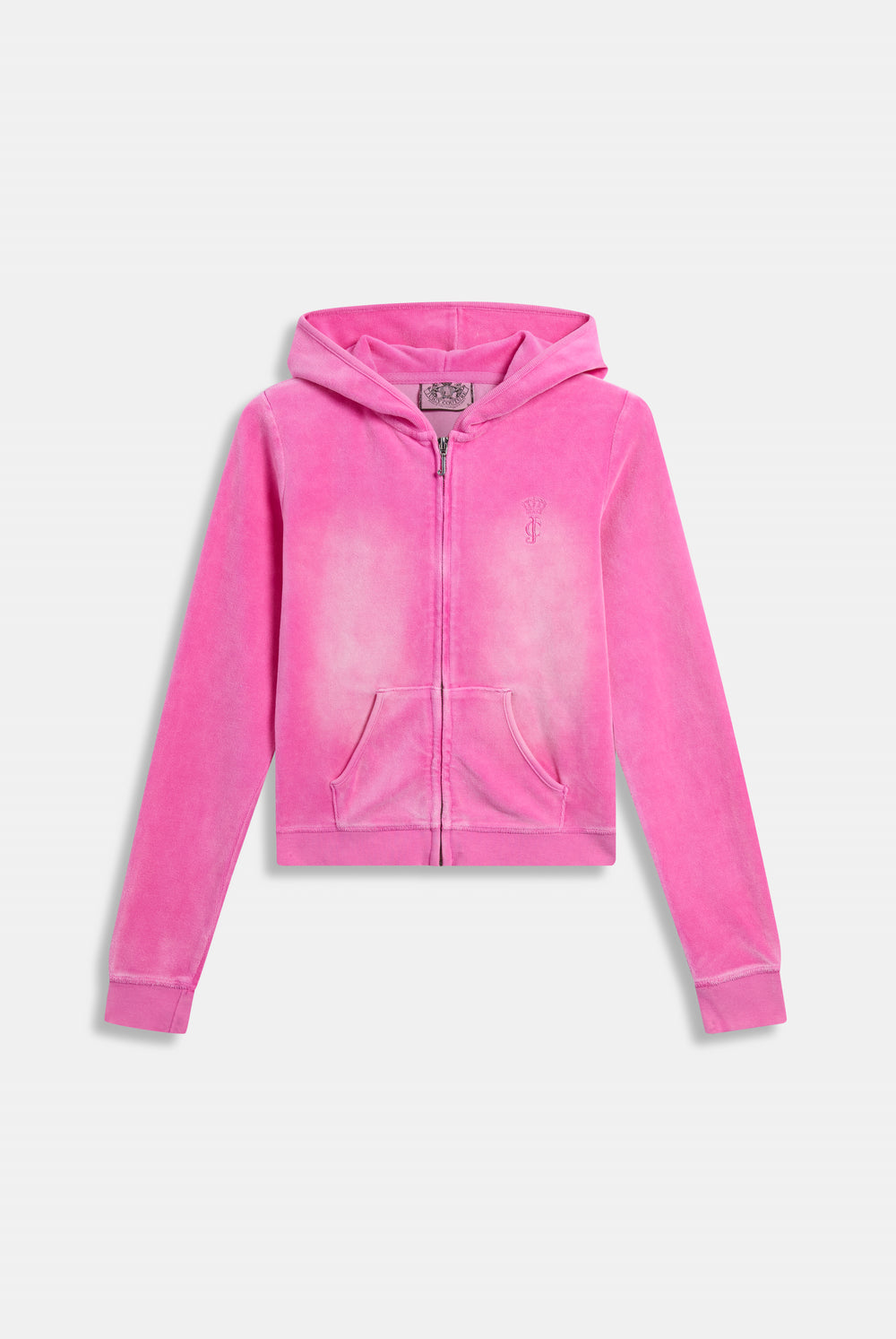 Displays the super pink washed 'juicy' branded cotton velour fitted hoodie 