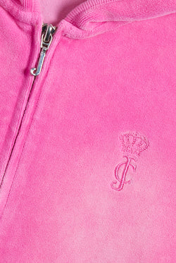 Displays the super pink washed 'juicy' branded cotton velour fitted hoodie featuring the juicy Couture logo