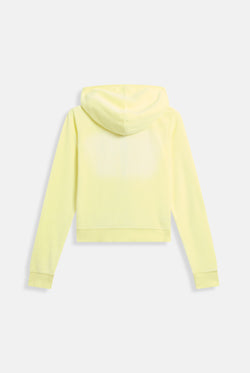 Display the Yellow Pear washed 'Juicy' branded cotton velour fitted hoodie 