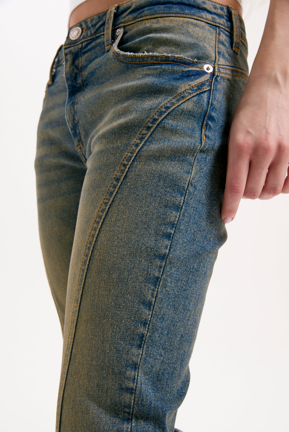 Displays a model wearing the Vintage Wash 'Juicy' branded western diamanté flared jeans 