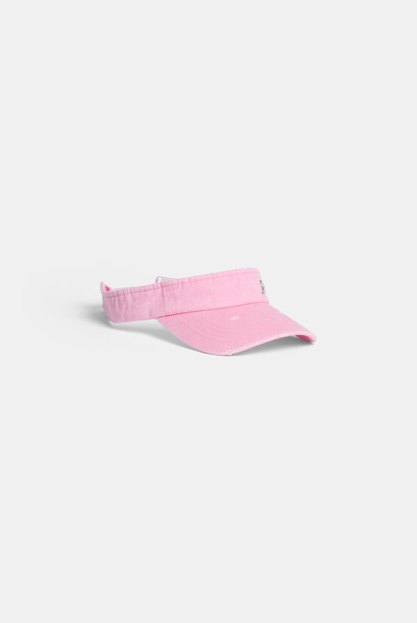 Displays the pink distressed 'juicy' branded cotton denim visor  