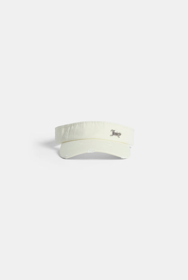 Displays the ecru distressed 'Juicy' branded cotton denim visor 