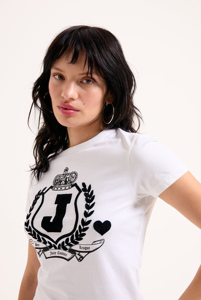 WHITE FLOCKED CREST FITTED TSHIRT
