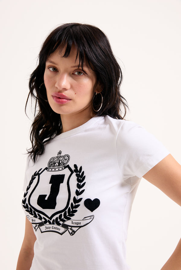 WHITE FLOCKED CREST FITTED TSHIRT