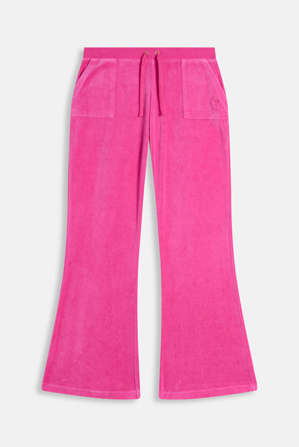 Displays the Nostalgia Pink 'Juicy' branded Washed Caisa Ultra Low Rise Pant