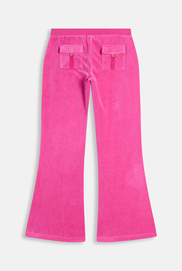 Displays the Nostalgia Pink 'Juicy' branded Washed Caisa Ultra Low Rise Pant