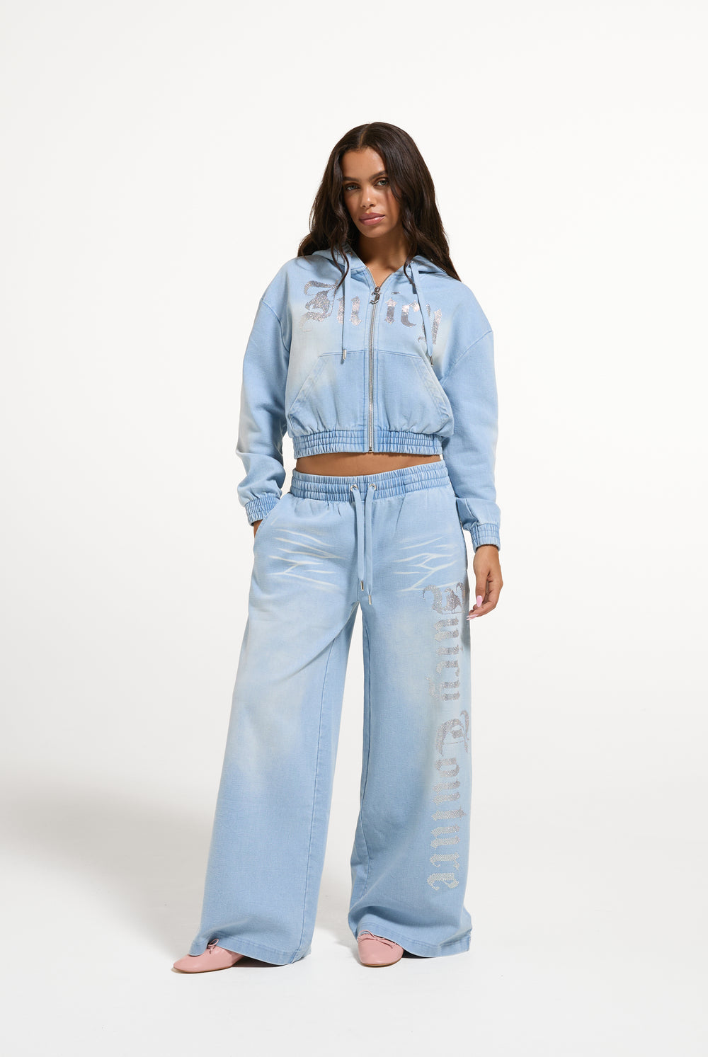 Light Wash Denim Fleece Wide Leg Trackpant