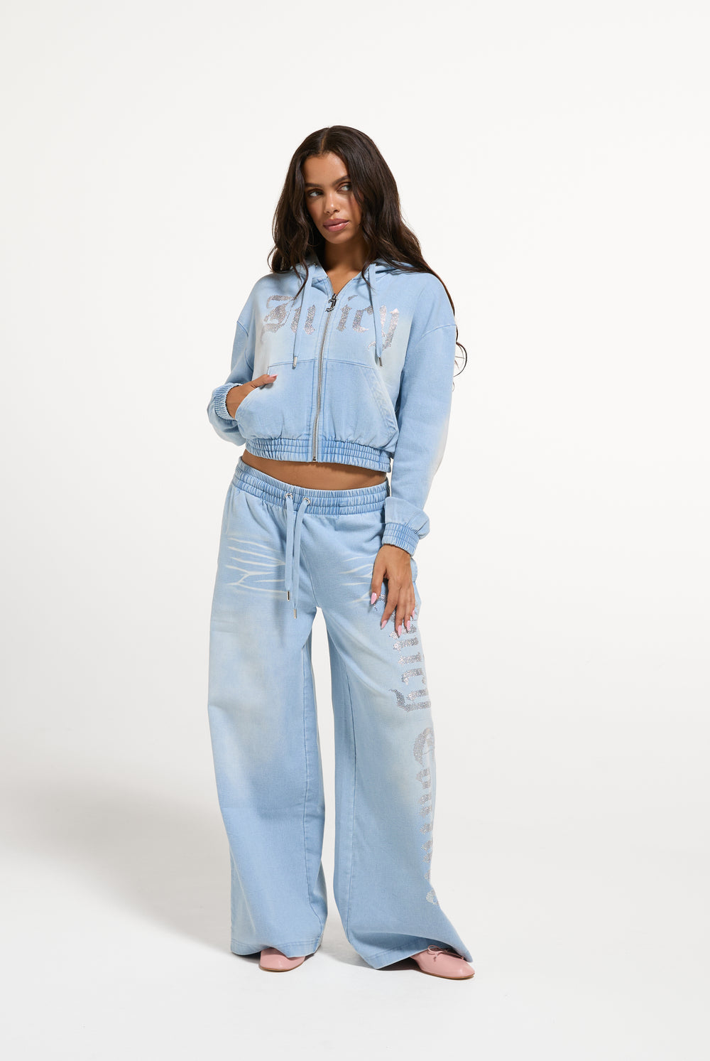 Light Wash Denim Fleece Wide Leg Trackpant