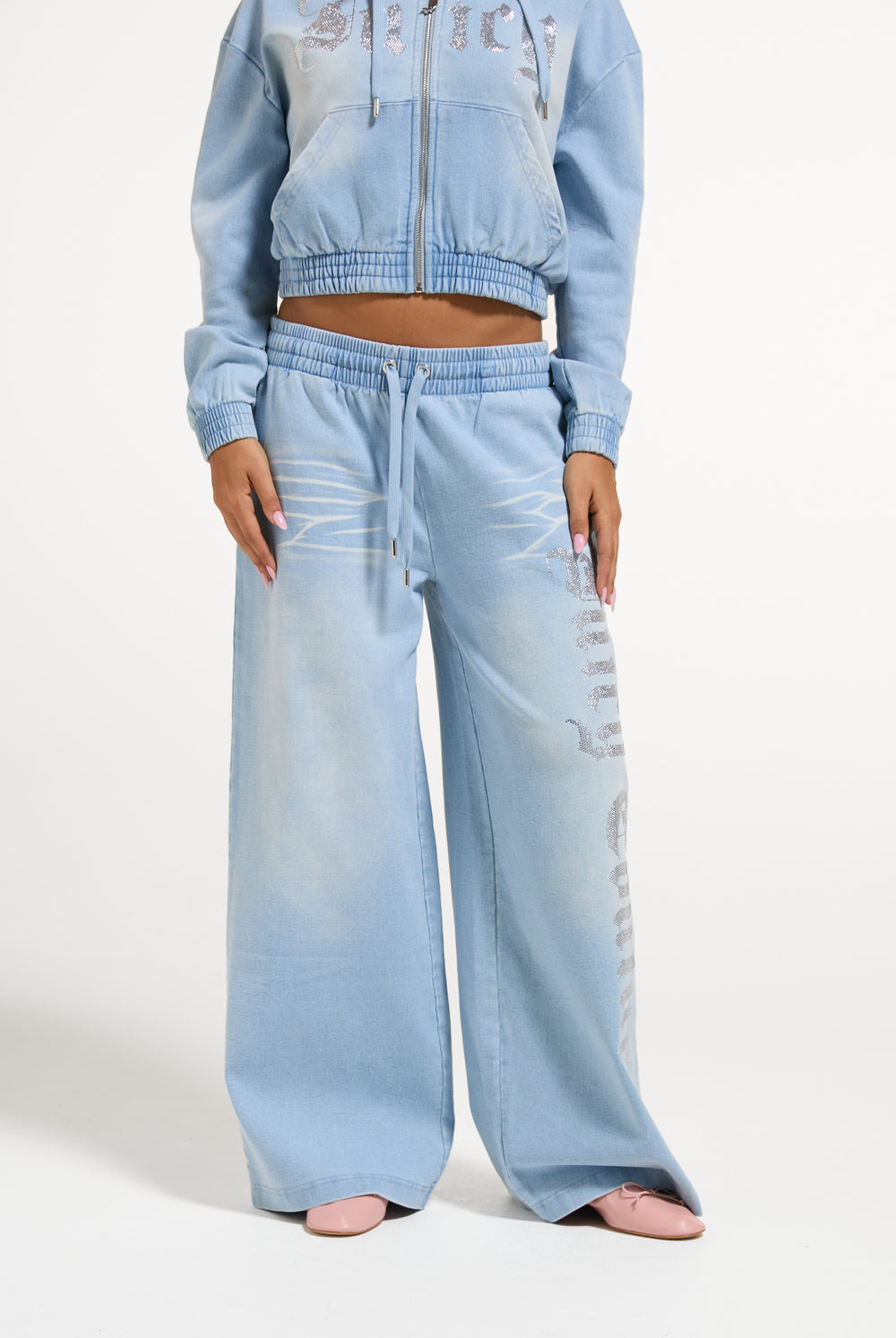 Light Wash Denim Fleece Wide Leg Trackpant