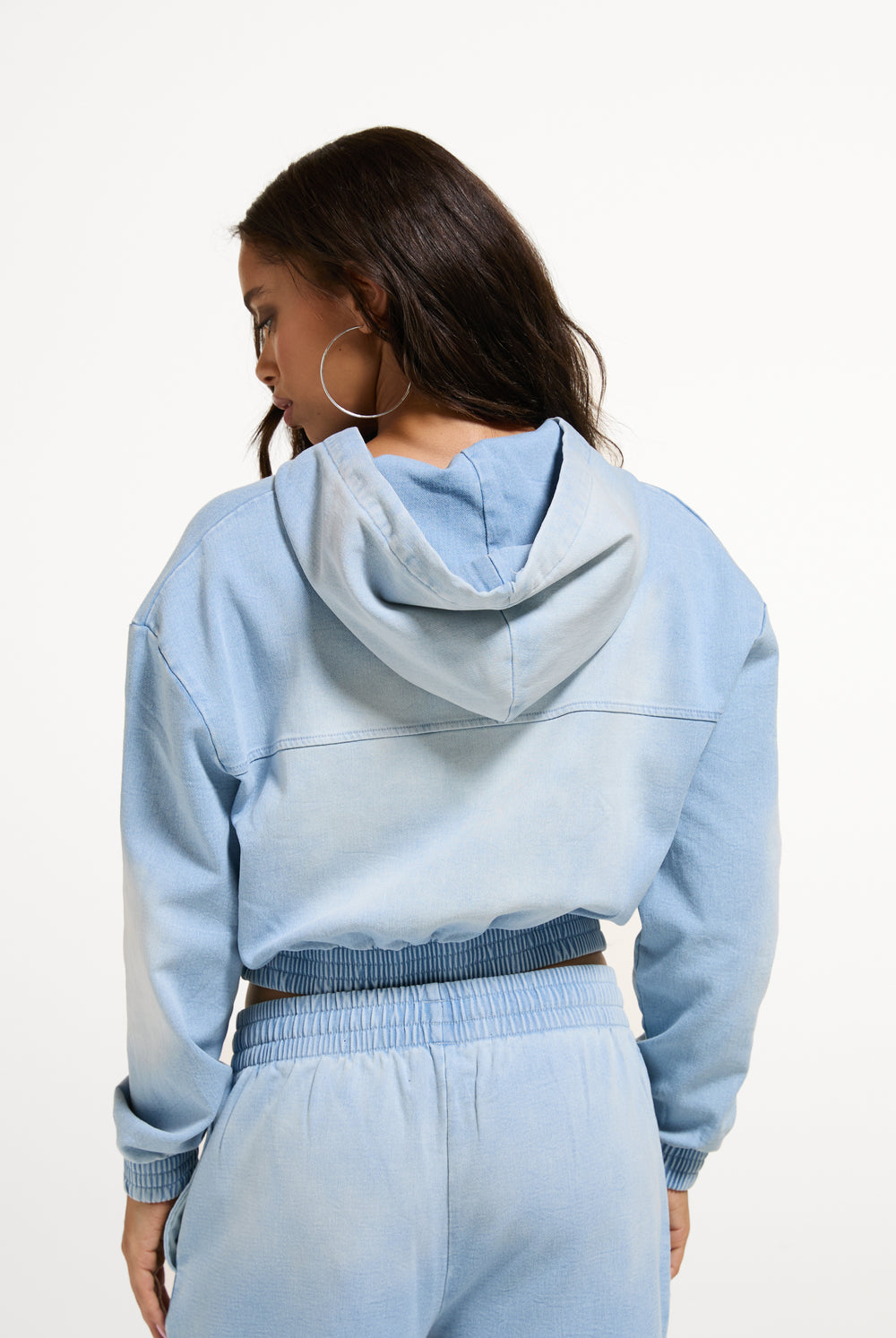 Light Washed Denim Fleece Smocked Hoodie