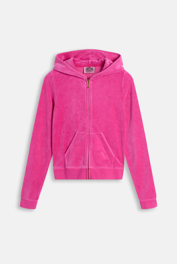 Displays the Nostalgia Pink 'Juicy' branded Washed Robyn Hoodie