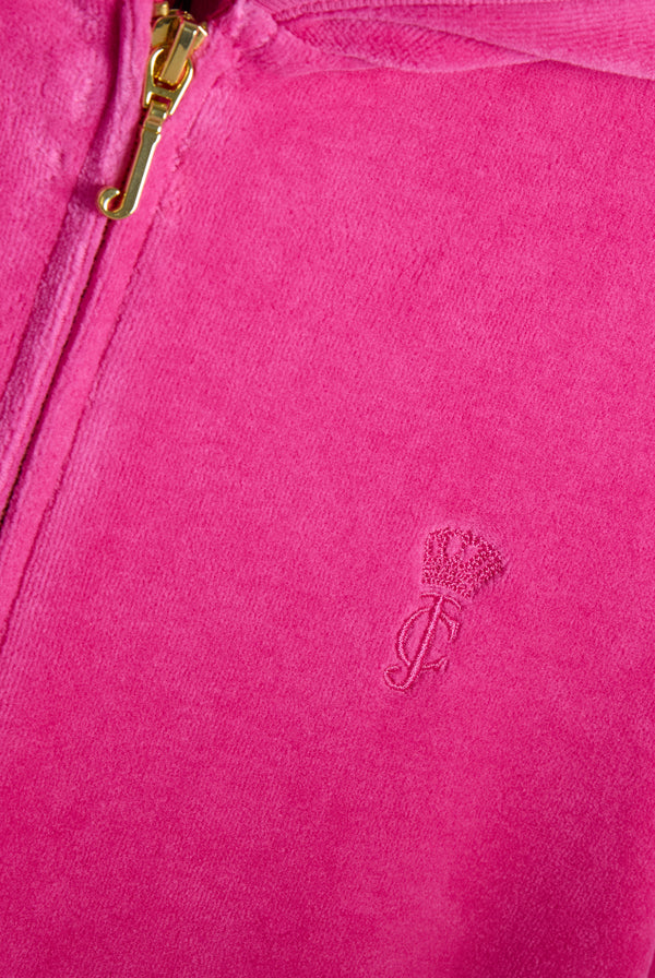 Displays the Nostalgia Pink 'Juicy' branded Washed Robyn Hoodie featuring the Juicy couture logo branding