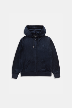 Displays the Night Sky 'Juicy' branded classic velour oversized hoodie 