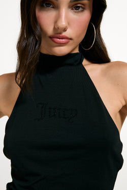 Displays a model wearing the Black 'Juicy' branded Diamante Halter Top