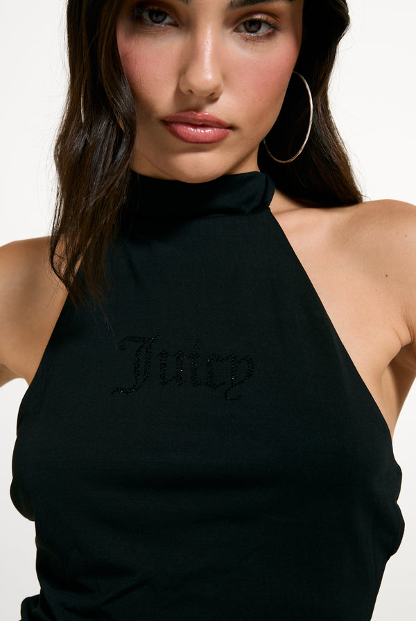 Displays a model wearing the Black 'Juicy' branded Diamante Halter Top