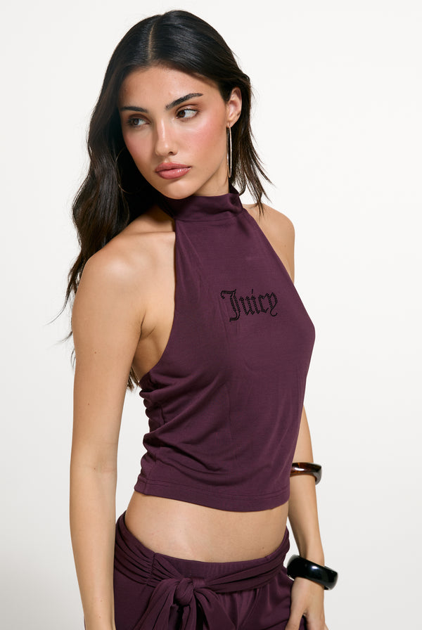 Displays a model wearing the Winetasting 'Juicy' branded Diamante Halter Top