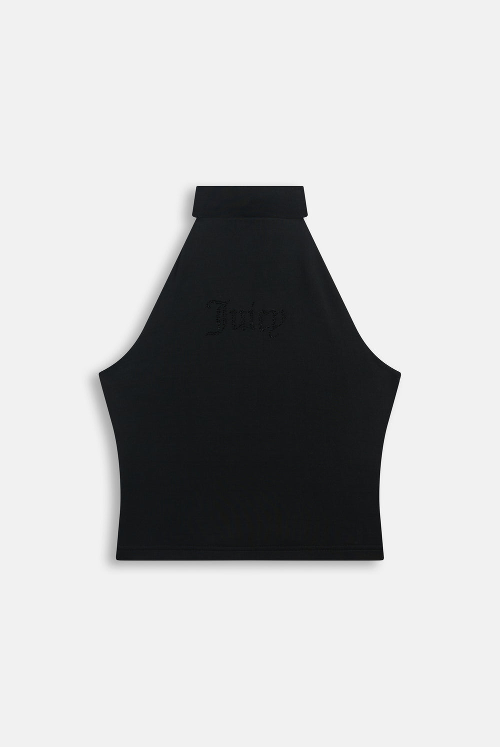 Displays the Black 'Juicy' branded Diamante Halter Top