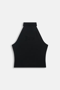 Displays the Black 'Juicy' branded Diamante Halter Top