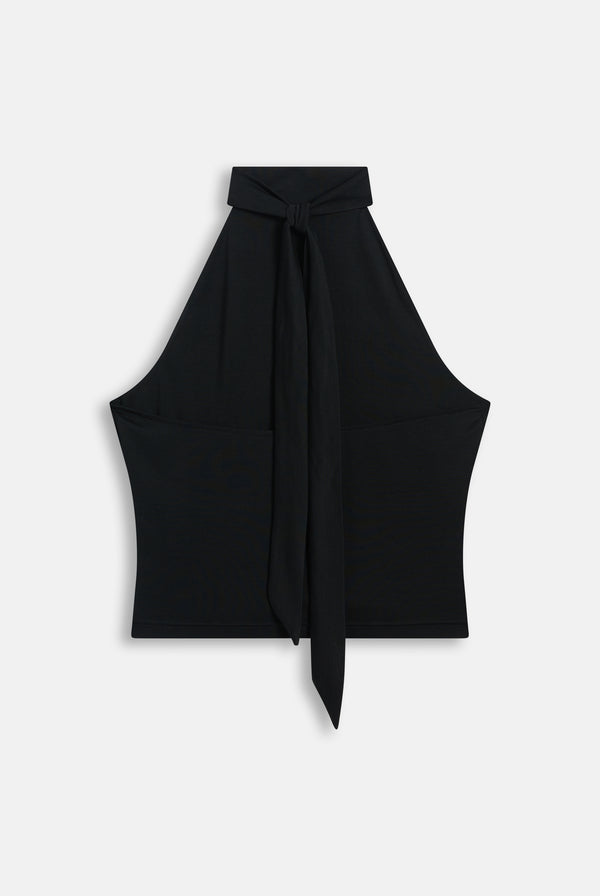 Displays the Black 'Juicy' branded Diamante Halter Top