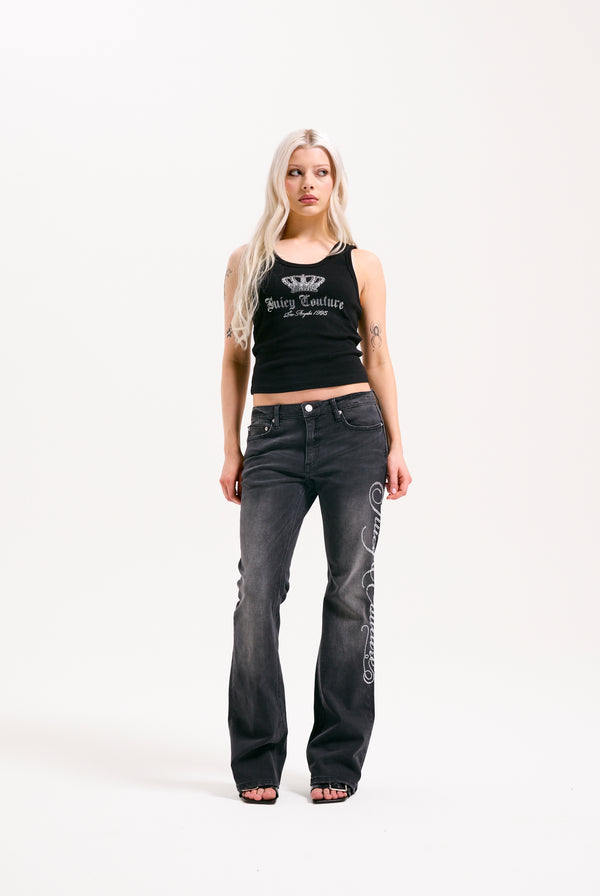 WASHED BLACK WESTERN SCRIPT DIAMANTE FLARED JEANS
