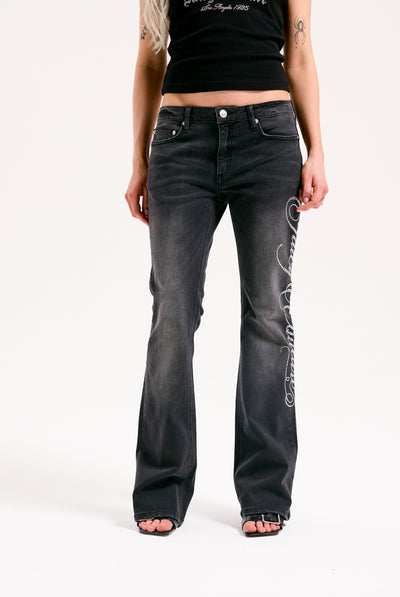 WASHED BLACK WESTERN SCRIPT DIAMANTE FLARED JEANS