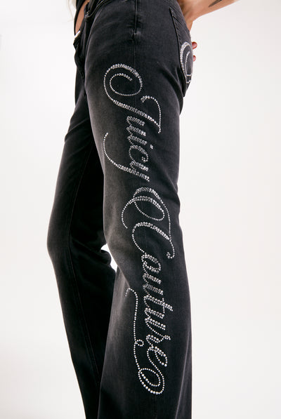 WASHED BLACK WESTERN SCRIPT DIAMANTE FLARED JEANS