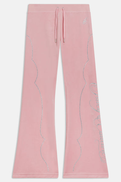 CANDY PINK LOW RISE WESTERN CLASSIC VELOUR DIAMANTE TRACK PANT