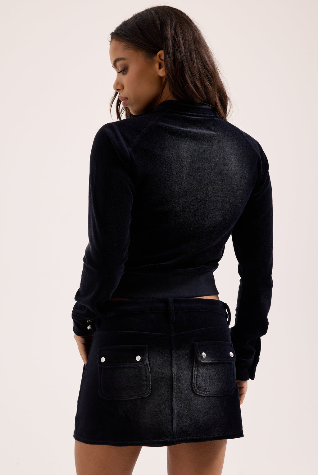 WASHED BLACK COTTON VELOUR MINI SKIRT