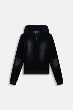 Displays the washed black cotton 'Juicy' branded velour heritage hoodie 