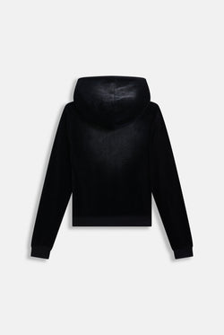 Displays the washed black cotton 'Juicy' branded velour heritage hoodie 