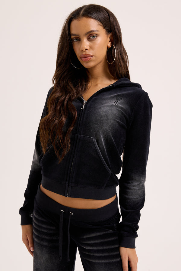 WASHED BLACK COTTON VELOUR HERITAGE HOODIE