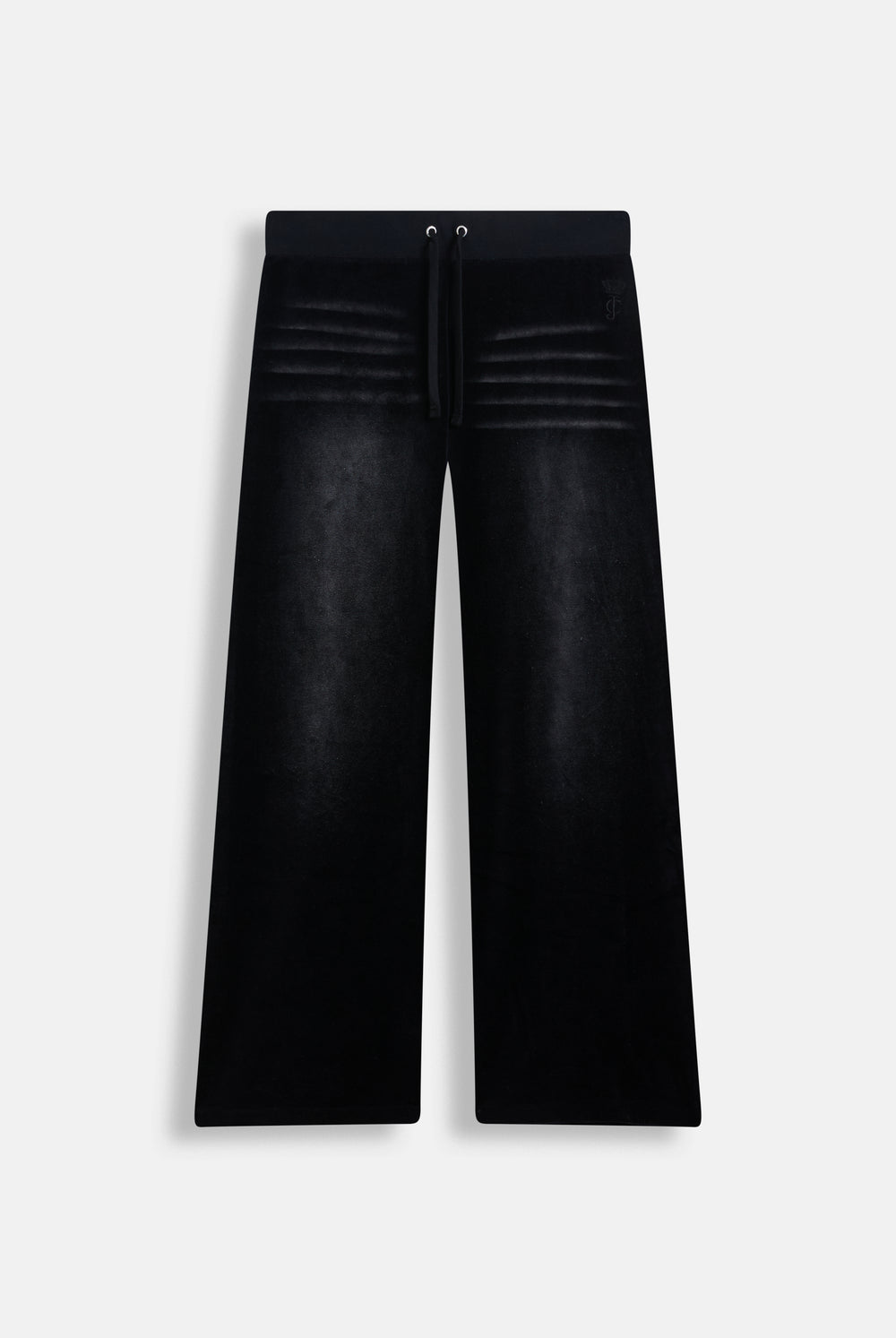 Displays the washed black cotton 'Juicy' branded velour OG straight low rise pants 