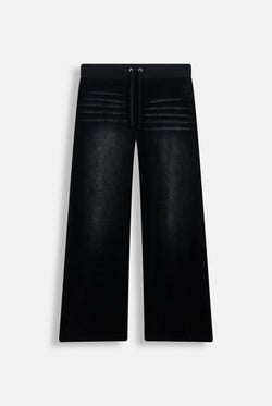 Displays the washed black cotton 'Juicy' branded velour OG straight low rise pants 