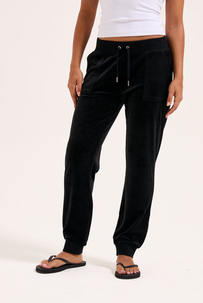 BLACK SLIM CUFFED CLASSIC VELOUR TRACK PANTS